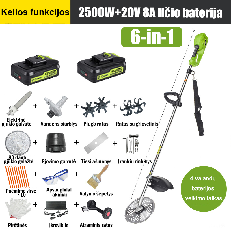 【6 in 1】 2500W ličio baterija, 20V 8A*2, baterijos veikimo laikas 4 valandos, elektrinė pjovimo galvutė, atlaisvinimo diskas, griovelio diskas, vandens siurblys, 80 dantukų peilis, žoliapjovės galvutė, pjovimo lynas*10, tiesus peilis, atraminis ratas, visas priedų rinkinys.