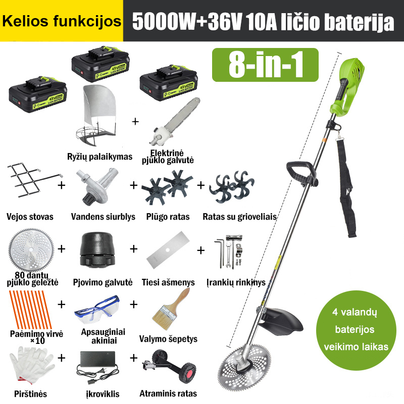 【8 in 1】 5000W, 36V 10A ličio baterija * 3, akumuliatoriaus veikimo laikas 4 valandos, elektrinė pjūklo galvutė, kasimo peilis, kasimo peilis, vandens siurblys, 80 dantų peilis, pjovimo galvutė, pjovimo virvė * 10, tiesus peilis, atraminis ratas, žolės atraminis rėmas, ryžiai
