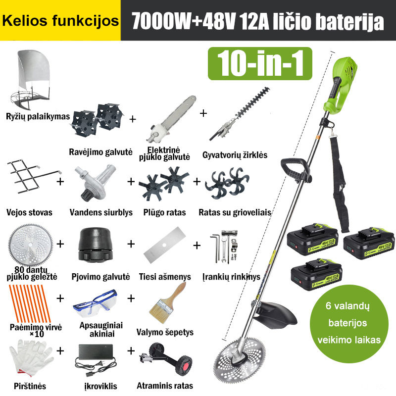 【10 in 1】 7000W, 48V 12A ličio baterija * 3, akumuliatoriaus veikimo laikas 6 valandos, elektrinė pjūklo galvutė, kasimo peilis, kasimo peilis, vandens siurblys, 80 dantukų peilis, žoliapjovės galvutė, pjovimo lynas * 10, tiesus peilis, atraminis ratas, žolės rėmas, pjovimo galvutė, pjovimo galvutė