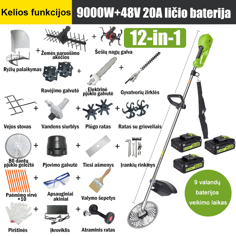 【12 in 1】 9000W ličio baterija, 48V 20A*3, akumuliatoriaus veikimo laikas 9 val., elektrinė pjūklo galvutė, grąžtas, tranšėjos kastuvas, vandens siurblys, 80 dantukų geležtė, pjovimo galvutė, pjovimo lynas*10, tiesūs peiliai, atraminis ratas, žolės laikiklis, ryžių lentynėlė, pilna pjovimo galvutė, šešių pjovimo staklės, pjovimo galvutė priedai